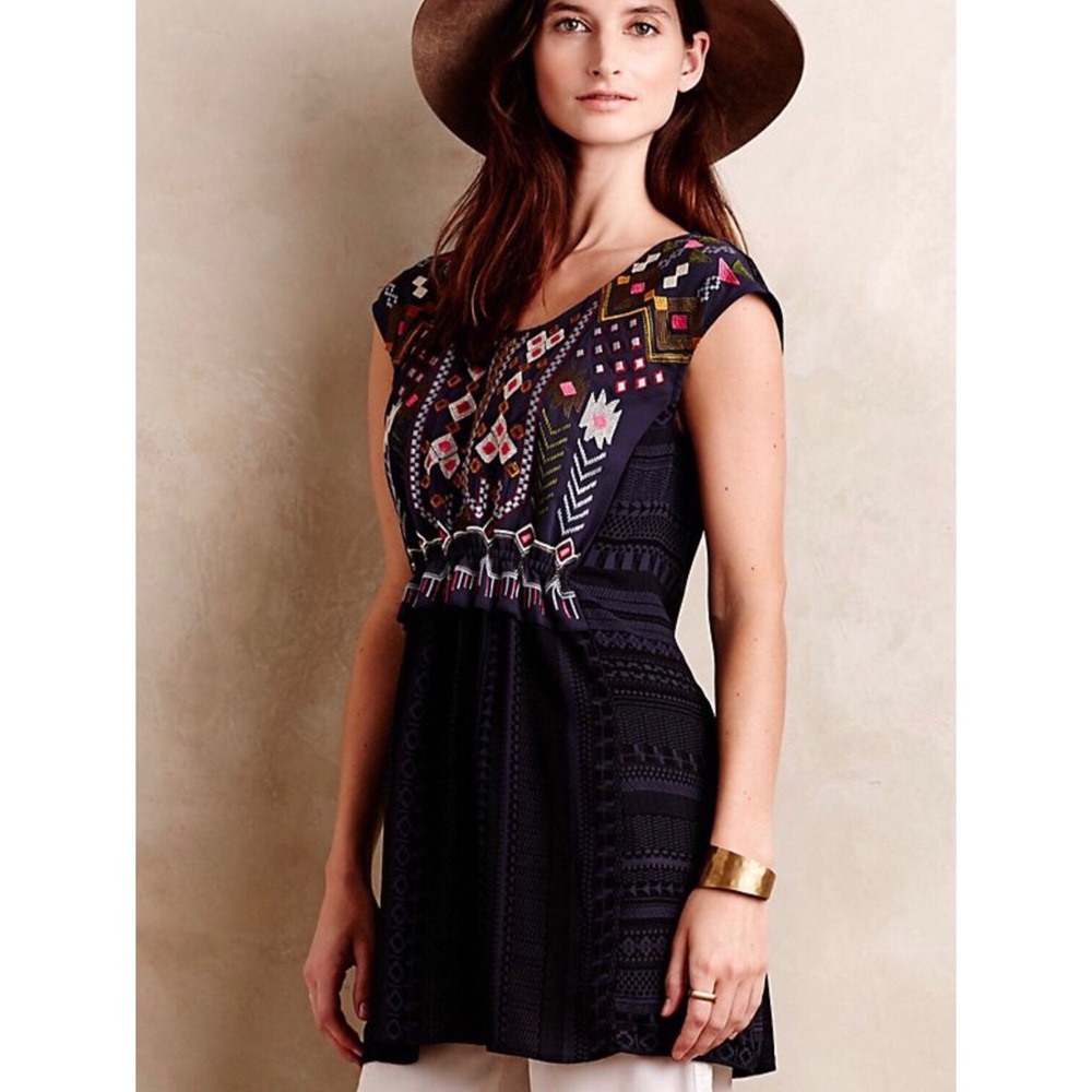 Anthropologie Barranco Blue Embroidered Tunic